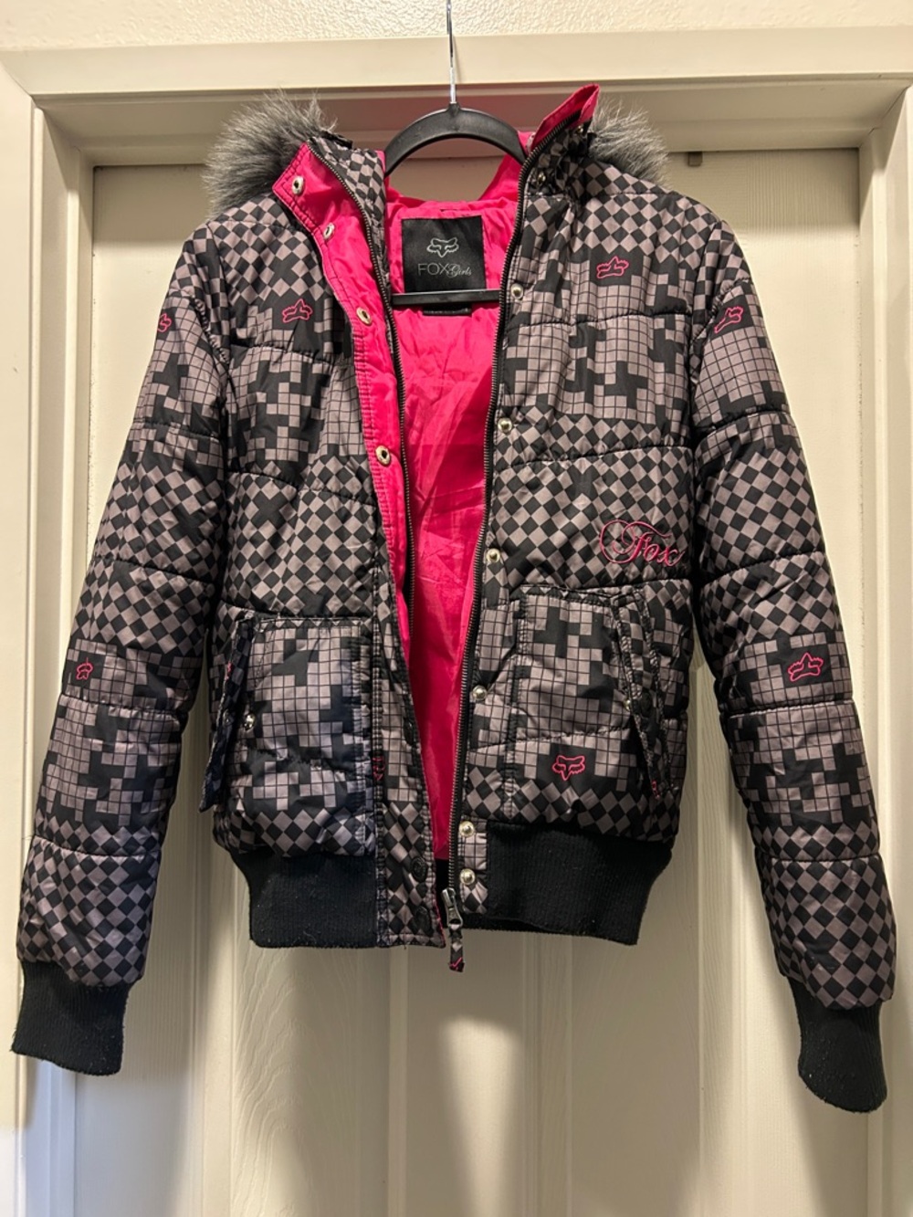 Fox Black Checked Puffer Jacket with Bright Pink Lining and Faux Fur Hood